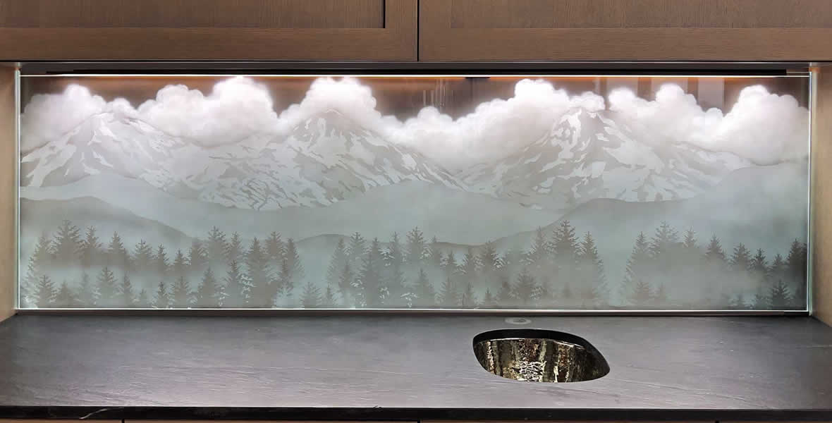 Etched Glass Mountain Scene Backsplash