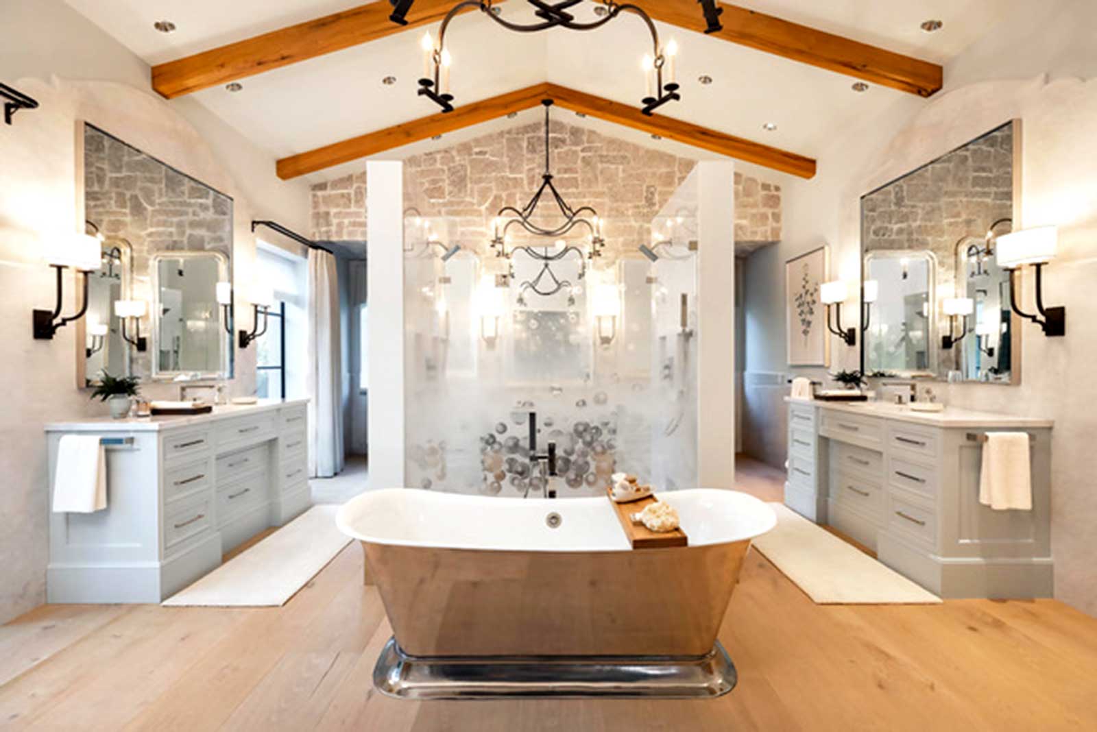 Large Wrap Around Shower Enclosure with Etched Glass Bubbles