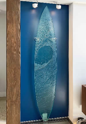 Cast Glass Surfboard Wall Art by Jay Hoyt Curtis of Art Glass and Metal