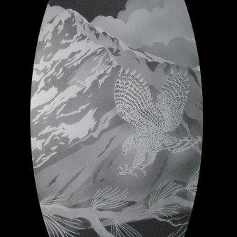 Etched glass oval entryway panel with Hawk, pine tree and mountain backdrop for mountain residence.