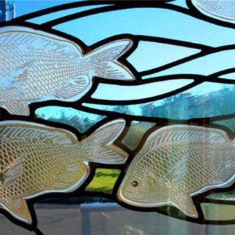 Cast Glass school of fish for Cast and Leaded entryway to coastal hotel