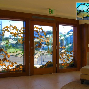 Cast glass and leaded entryway to coastal hotel