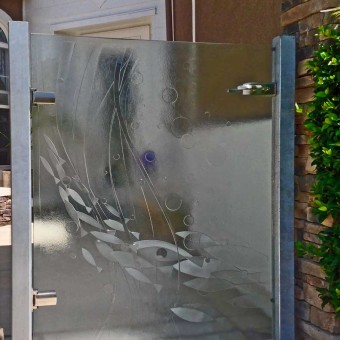 Cast Glass Gate Abstract Schooling Fish and Cursive Flows with galvanized metal posts