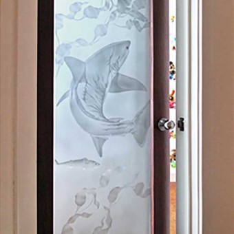 Glass Door Panel with Etched Thresher Shark Design