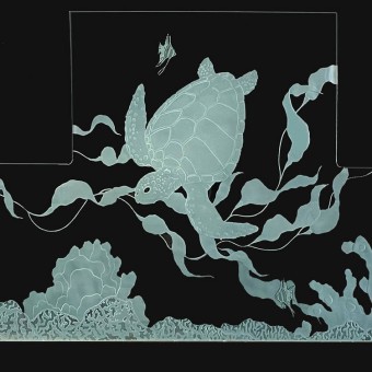 Etched and Deep Carved Glass Backsplash for a Home in Laguna Niguel, 10 ft long by 3 ft High, Made in ½