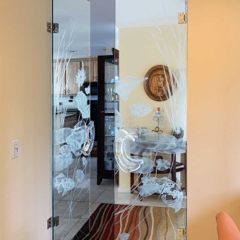 Frameless Glass Entryway Doors with Aquatic Designs of Two Koi Fish, Lily Pads and Lotus Flowers