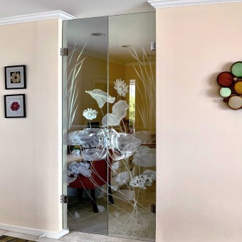 Frameless Glass Entryway Doors with Aquatic Designs of Two Koi Fish, Lily Pads and Lotus Flowers