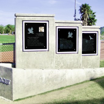 Etched Glass Memorial Featuring Black Glass Plaques to Commemorate Coach Knight, the Longtime Football Coach at Oak Park High School in the Westlake Village Area.