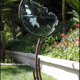 Fantail Fish and Lotus Garden Sculpture  in Etched glass