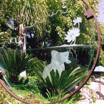 Detail of Fantail Fish and Lotus Garden Sculpture in Etched glass