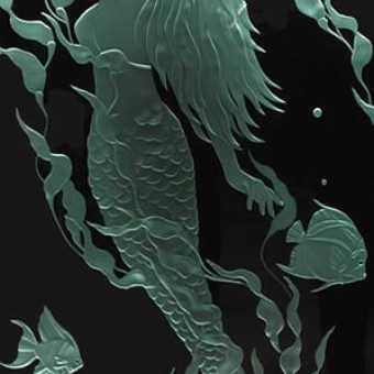 Custom Etched Glass Mermaid panel for walk in shower in a California beach residence