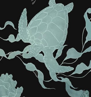 Etched Glass Backsplash with Sea Turtle and Kelp Design