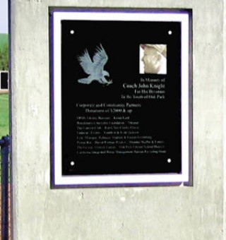commemorative etched glass memorial plaque for coach John Knight