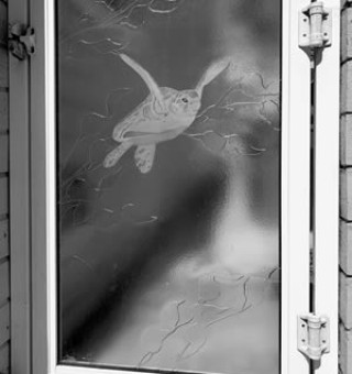 Etched and Cast Glass Gate Panel with Sea Turtle and Ocean Kelp Design for Laguna Beach Home